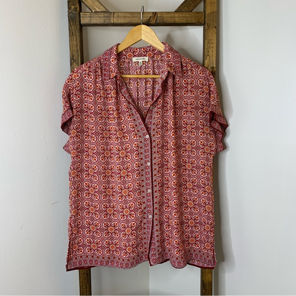 Max Studio Women's Red Patterned Short Sleeve Top Size L